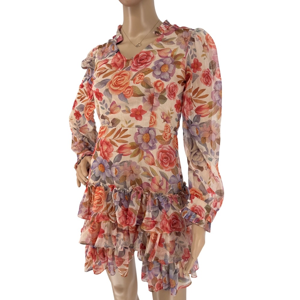 Dolce Viva Collection Floral Ruffle‎ Tiered Mini Dress Long Sleeve V-Neck Size M
